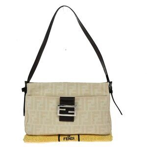 FENDI Logo Zucca Pattern Shoulder Bag Canvas Leather Beige SHW Italy 358-082025